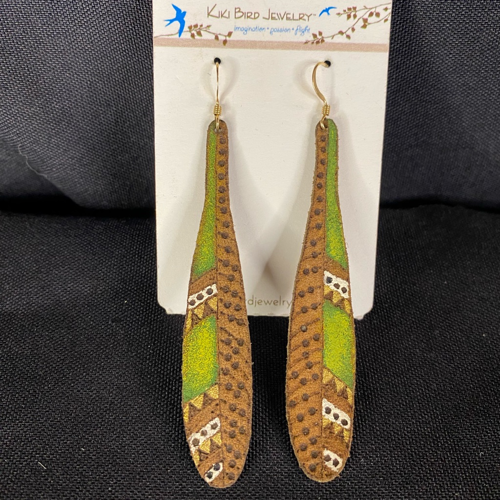 Kiki Bird Jewelry Hand Painted Artisan Pierced Earrings. 3.5” Length. Unique.